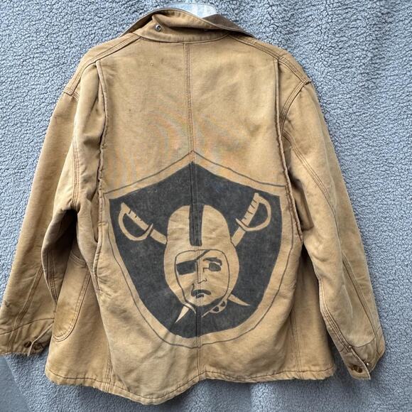 VINTAGE Carhartt Jacket‎ 44 Large 90s Chore Barn Coat Blanket Lined USA Raiders - Picture 2 of 16